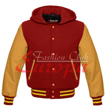 Maroon Hoodie Varsity Letterman Wool Jacket with Real Leather Sleeves XS... - £75.65 GBP