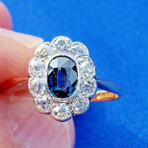 Earth mined Sapphire Diamond Deco Engagement Ring Antique Vctorian Solitaire - £2,179.75 GBP
