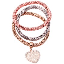 3 Multilayer Heart Stretch Bracelets Set Stackable Mesh Women Charm Pendant Love - £8.64 GBP
