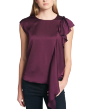 DKNY Donna Karan Purple Waterfall Ruffle Cap Sleeve Knit Blouse Top LARGE - £23.32 GBP