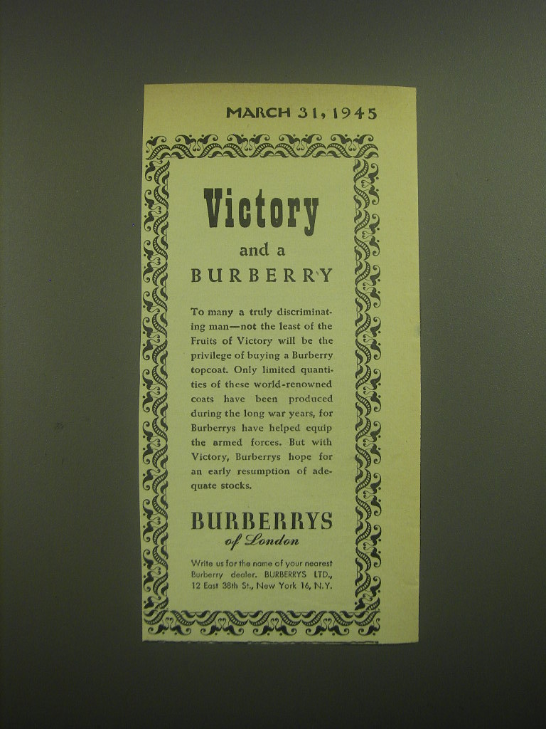 1945 Burberrys of London Ad - Victory and a Burberry - $18.49