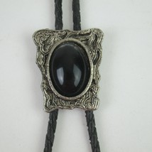 Vintage Bolo Tie Silver Tone Frame &amp; Black Stone Center Cowboy Western Accessory - £15.94 GBP