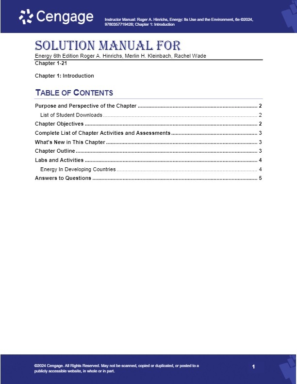 Solution Manual For Energy 6th Edition by Roger A. Hinrichs, Merlin H. K... - $17.20