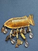 Huge Etched Brass Fish w Clear Plastic Bead &amp; Various Goldtone Charms Dangle Pin - £11.90 GBP