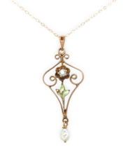 10k Gold Diamond Lavaliere Pendant w/Enamel Leaves Pearl Drop 14k Chain ... - $430.65