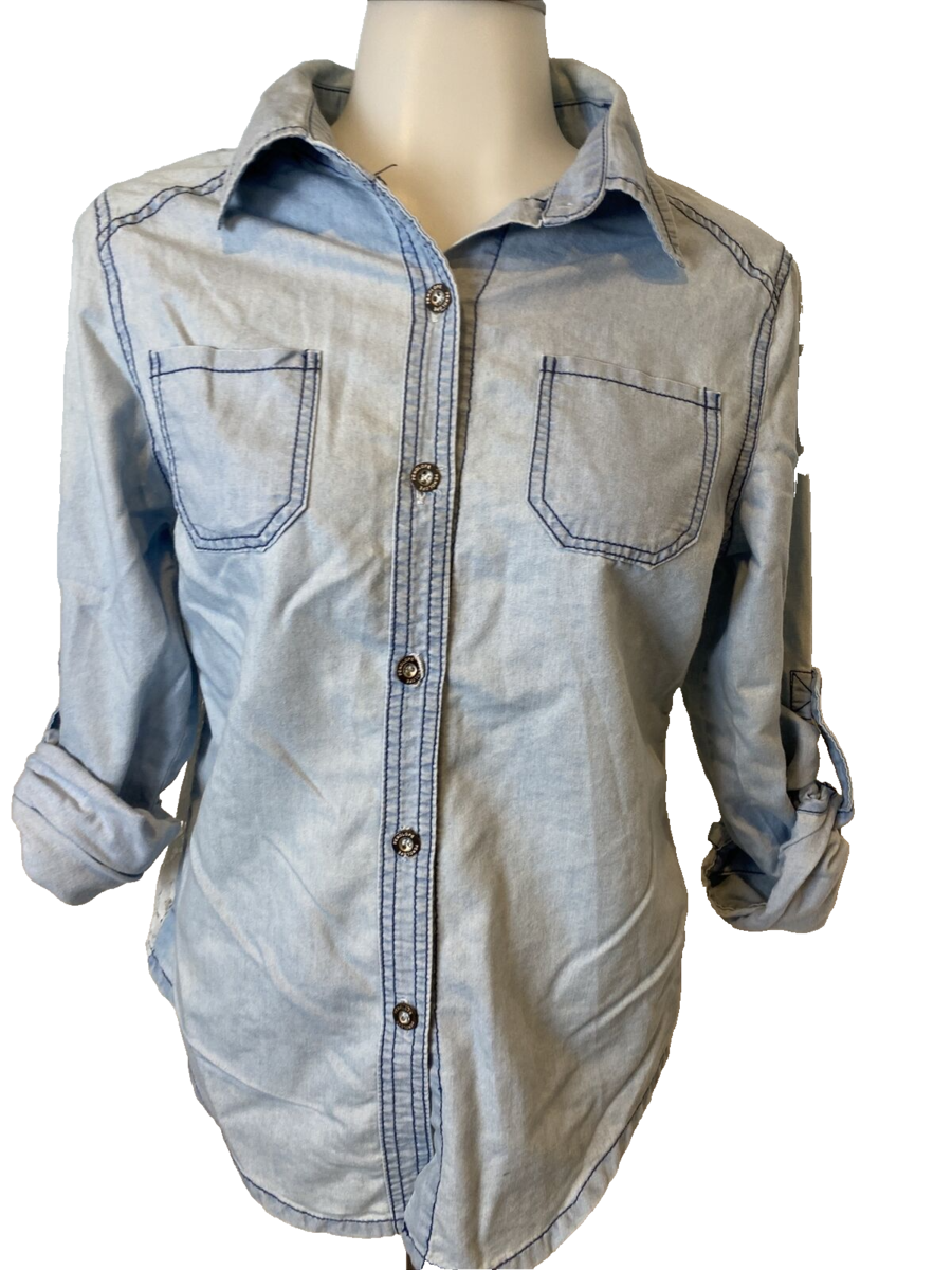 Penelope Denim Long Sleeve Blouse with Lace Back Size M - $13.29