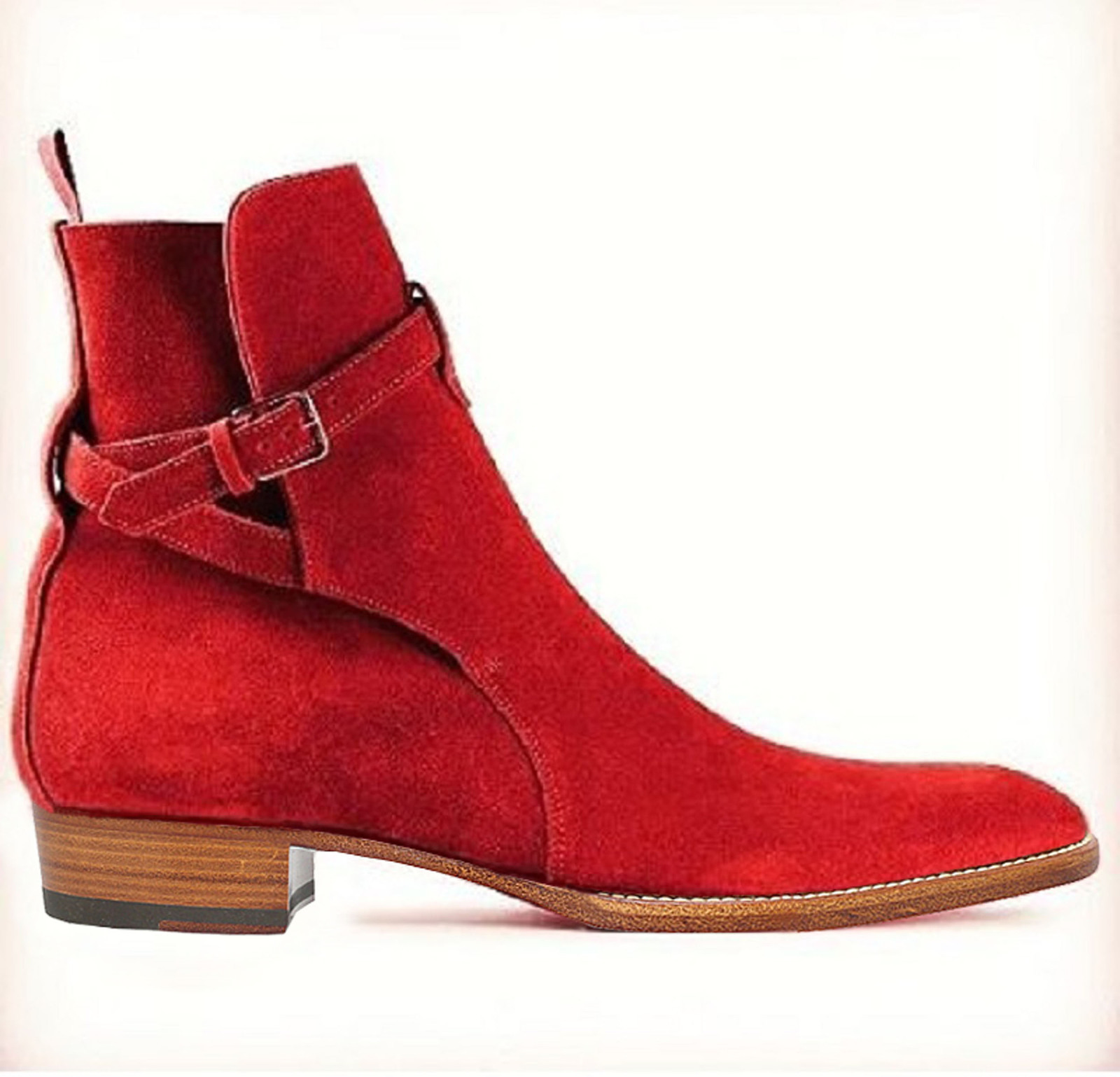 Men Red Color Jodhpur Rounded Buckle Strap Suede Leather High Ankle Boot US 7-16