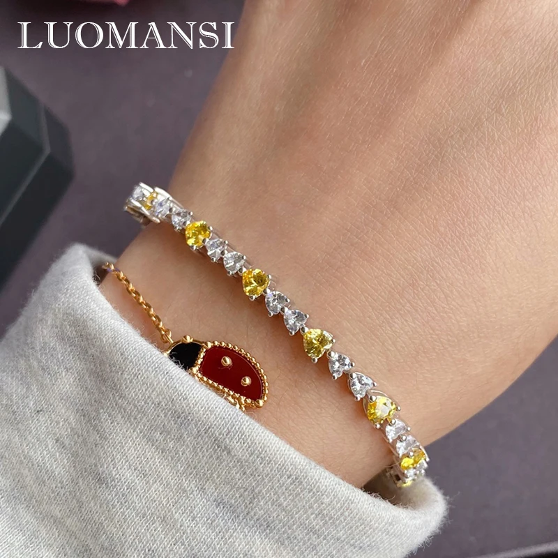 Heart-shaped Yellow White High Carbon Diamond Woman Bracelet 17CM S925 Silver Je - £123.40 GBP