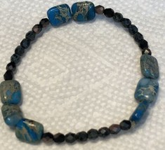 Hand Crafted Bracelet Turquoise Black Glass Beads Stretch #25 - £4.60 GBP