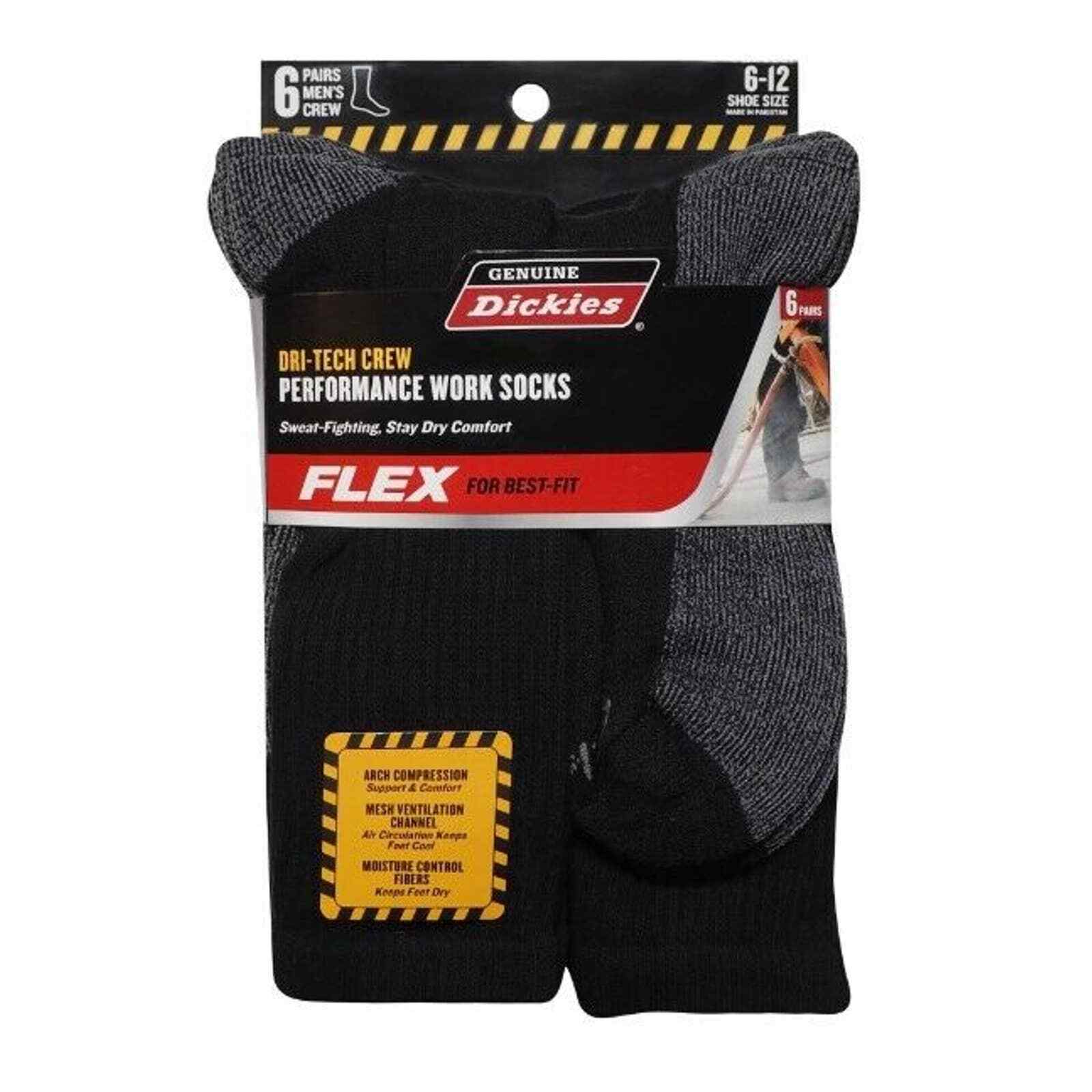 Dickies Performance Mens Work Socks Black Dri-Tech Crew 6 Pack Size 6-12 - $21.23