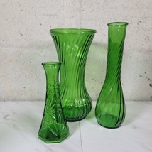 Lot of 3 Vintage Hoosier Glass Emerald Green Swirl Flower Bud Vase  - £26.73 GBP