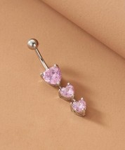 3 Heart Belly Bar / Belly Ring - Body Piercing Jewellery - Pink Cubic Zi... - £9.67 GBP