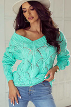 Mint Green Hollow Out Knit V Neck Drop Shoulder Sweater - £31.60 GBP