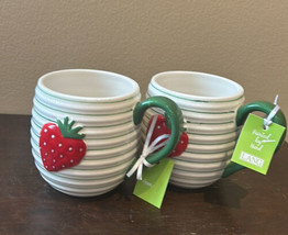 Lang Set Of 2 Mugs Strawberry New Red Green Stripes Hand Painted - £29.10 GBP