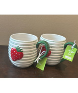 Lang Set Of 2 Mugs Strawberry New Red Green Stripes Hand Painted - £29.08 GBP
