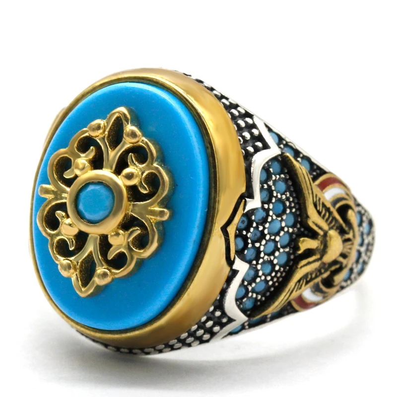 Men&#39;s European Style Jewelry S925 Sterling Silver Ring Inlaid Natural Turquoise  - £56.16 GBP