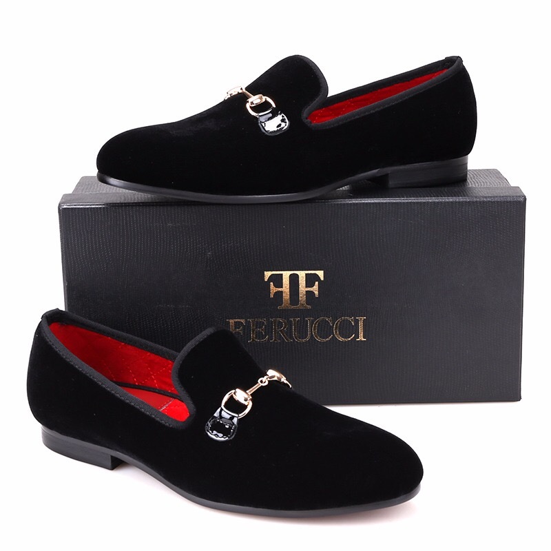 Men FERUCCI Black Velvet Slippers Loafers Flat With Gold  display picture 1