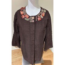 Chicos Women&#39;s Quilted Jacket Brown Beaded Collar 3/4 Sleeve Sz 2 LHobo ... - $16.96
