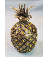 Brass Ornate Jeweled Pineapple Cast Iron Hinged Trinket Box Rhinestones 4in - £15.51 GBP