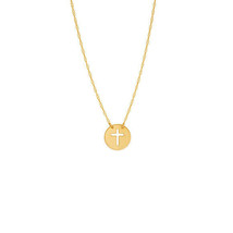 14K Solid Yellow Gold Mini Disk Cut Out Cross Dainty Necklace - Minimalist - £127.49 GBP