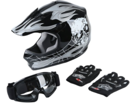 TCMT DOT Helmet for Kids &amp; Youth Black Skull with Goggles &amp; Gloves Size Medium - £43.21 GBP