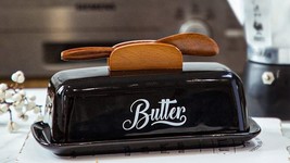 Black Butter Dish with Lid and Knife Butter Tray Ceramic 7.9&quot;L x 4.1&quot;W x... - $498.87 MXN