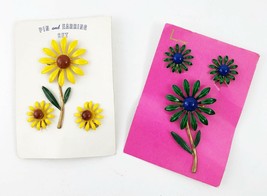Vintage Enamel Clip On Earring and Brooch Set Yellow or Green Daisies Flowers - £27.11 GBP