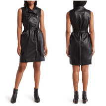 Calvin Klein Vegan Leather Moto Dress, Zip/Tie Closure Black, Size 6, Nwt - £96.71 GBP
