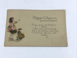 1907 Merry Christmas Little Friend Postcard. Girl Pushing Baby Doll Stroller - £5.63 GBP