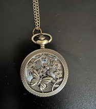 butterfly Quartz Pocket Watch Chain Necklace Pendant - $13.00