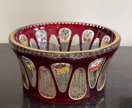 Bohemian Art Glass Moser Czech Red Cut Clear Crystal and Floral Decorative Bowl - $593.01