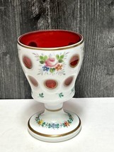 Bohemian Moser White Overlay Cut to Cranberry Chalice Goblet Floral Painted - £42.73 GBP