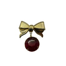 Vintage Gold Tone Bow Brooch with Red Crystal Dangle - $13.16
