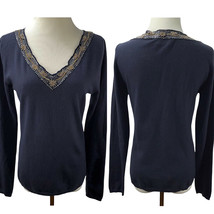 TSE Cashmere Lambswool Beaded Neckline Blue Gray Sweater Size M Lightweight - £47.07 GBP
