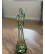 Vintage Swung Glass 5 Finger Green Vase Stretched Hand Blown 10.5 Tall - $39.55