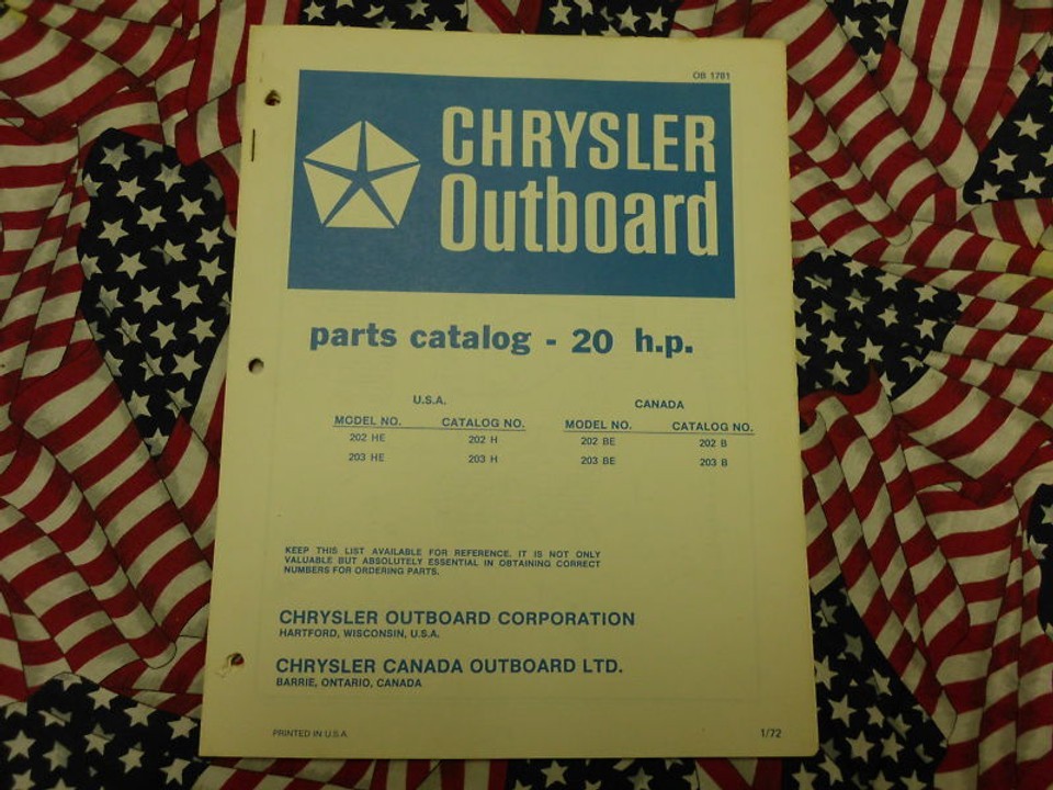 1972 Chrysler Outboard Parts Catalog 20 HP 202 HE H BE B 203-
show origi... - $19.99
