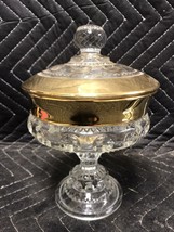 Vintage Indiana Glass Kings Crown Gold Rim Thumbprint Compote w/ Lid EUC - £19.75 GBP