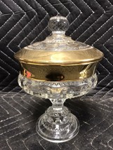 Vintage Indiana Glass Kings Crown Gold Rim Thumbprint Compote w/ Lid EUC - £18.78 GBP