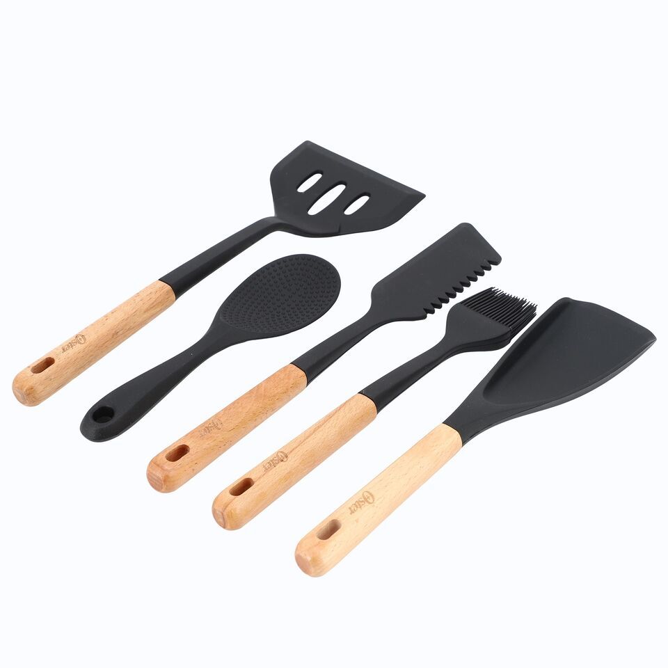 Oster Marion 5 Piece Silicone and Wood Kitchen Tool Set in Black - $44.82