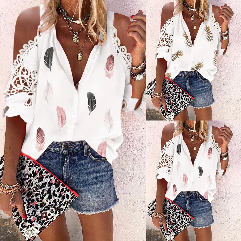 Women Cold Shoulder V Neck Floral Shirts Ladies Lace Printed Tops Blouse... - £11.67 GBP