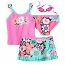 Girls Swimsuit ZeroXposur 4 Pc Pink Tankini Bikini Skirt Goggles Set $42... - $15.84