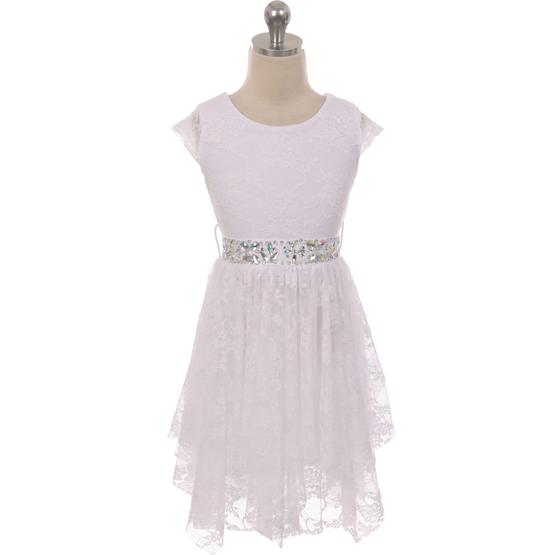 White Short Sleeve Floral Lace Asymmetric Ruffles Rhinestones Belt Girl Dress - $29.99 - $31.99