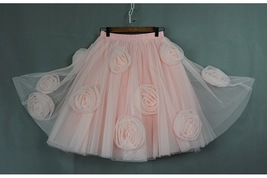 Pink Flower Knee Length Tulle Skirt Women Plus Size Fluffy Tulle Skirt image 1