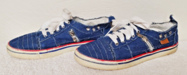 Size 10- Frayed Denim Blue, White &amp; Red Zipper Canvas Slip-On Tennis Shoes 41 - £5.06 GBP