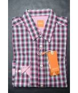 Hugo Boss Uomo Cliffe Slim Rosa Scuro / Grigio Quadri Cotone Sport MAGLI... - $49.48