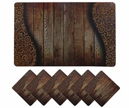 Dining Table Placemat Set with Tea Coasters Wooden Design PVC 6 Piece Brown - £20.71 GBP