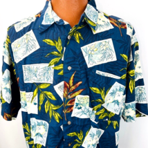 M E Sport Hawaiian Aloha Shirt Blue Leaves Floral Green XL Postcard Tropical - £31.96 GBP