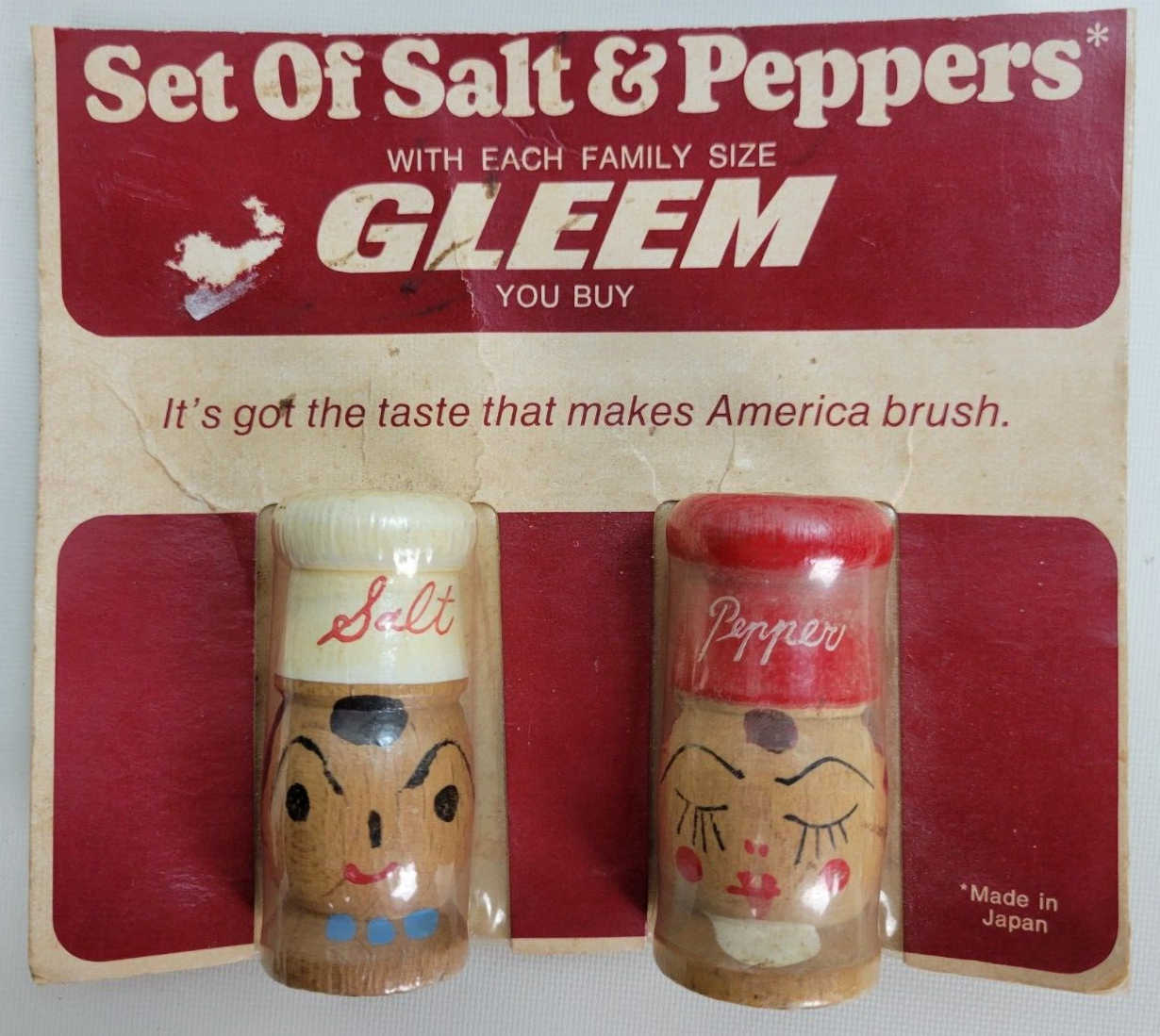 Primary image for Vintage NIP Gleem Wooden Salt & Pepper Shaker Set Salty & Peppy