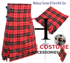 Scottish Traditional Handmade Wallace Tartan 8 yard Kilt For Men&#39;s Custom Size - £71.16 GBP+