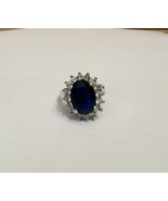Blue Oval Gem Crystal Ring Silver Colored Band Size 8-10 Ornate - $29.60 CAD